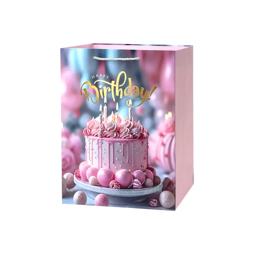 HBD Medium Gift Bag Pink Birthday Cake With Tops