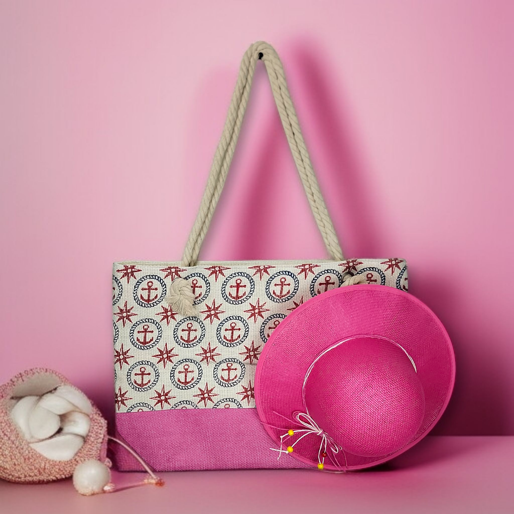Pink Summer Large Picnic Hand Bag With Matching Hat