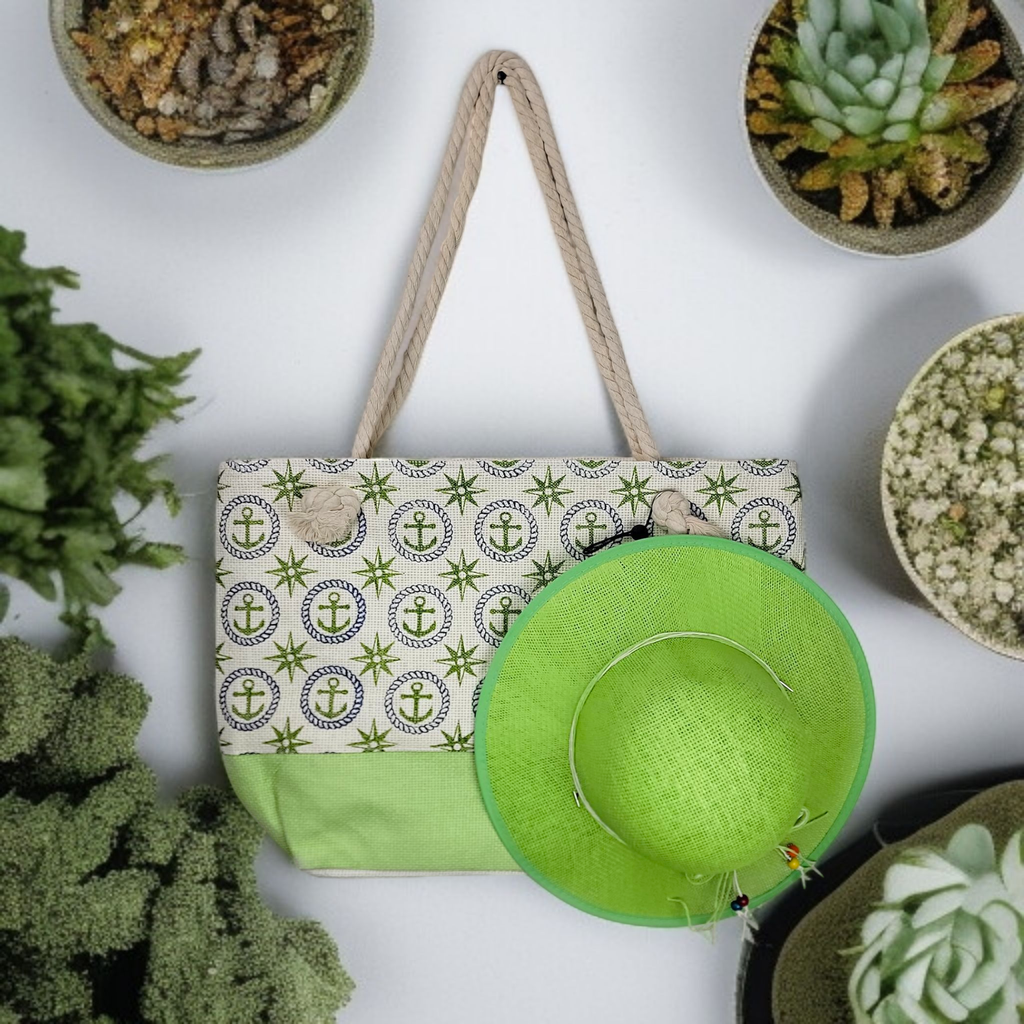 Green Summer Large Picnic Hand Bag With Matching Hat