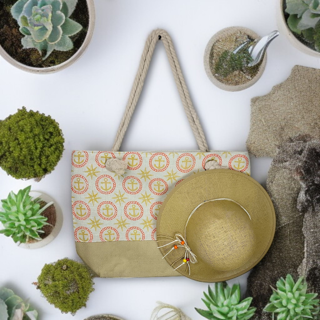 Light Brown Summer Large Picnic Hand Bag With Matching Hat