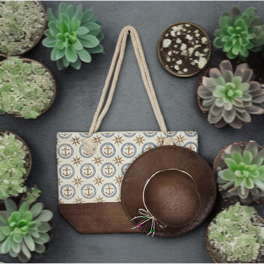 Brown Summer Large Picnic Hand Bag With Matching Hat