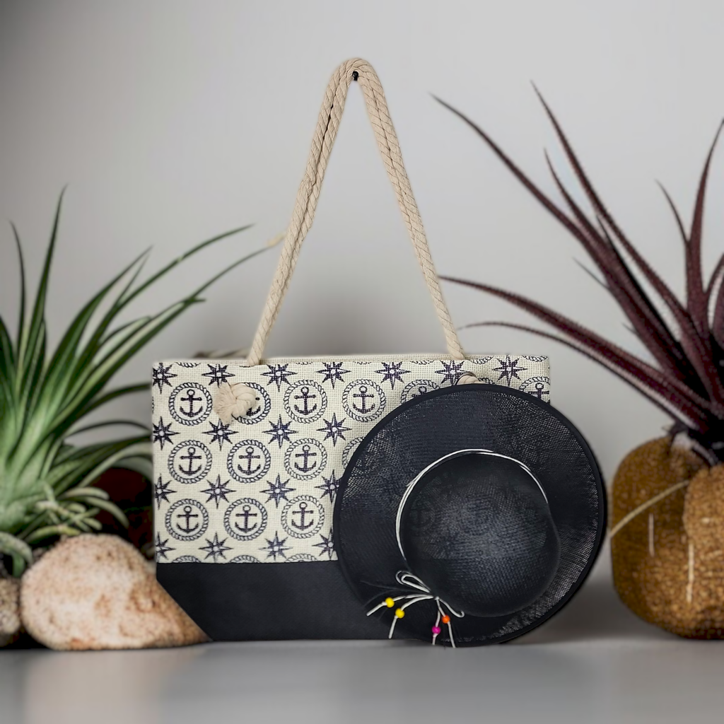 Black Summer Large Picnic Hand Bag With Matching Hat