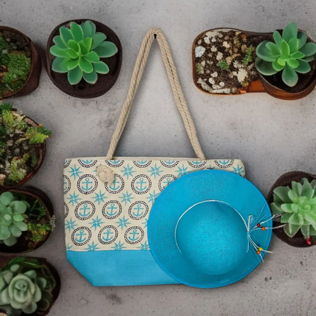 Blue Summer Large Picnic Hand Bag With Matching Hat