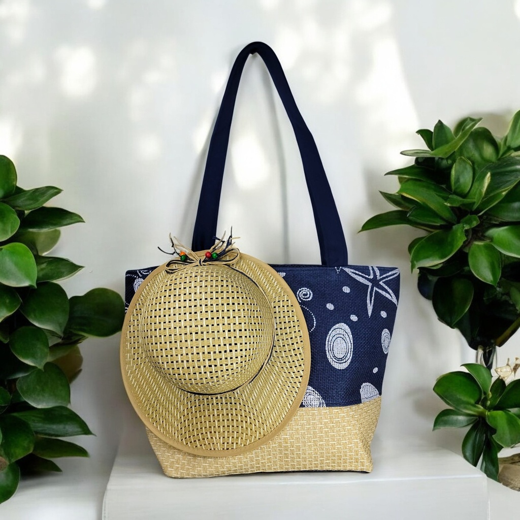 Dark Blue Large Picnic Hand Bag with Matching Hat Oceana 