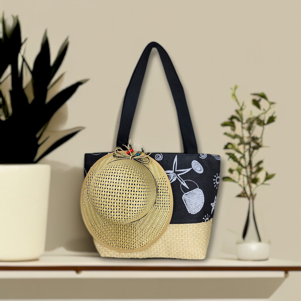 Black Large Picnic Hand Bag with Matching Hat Oceana 