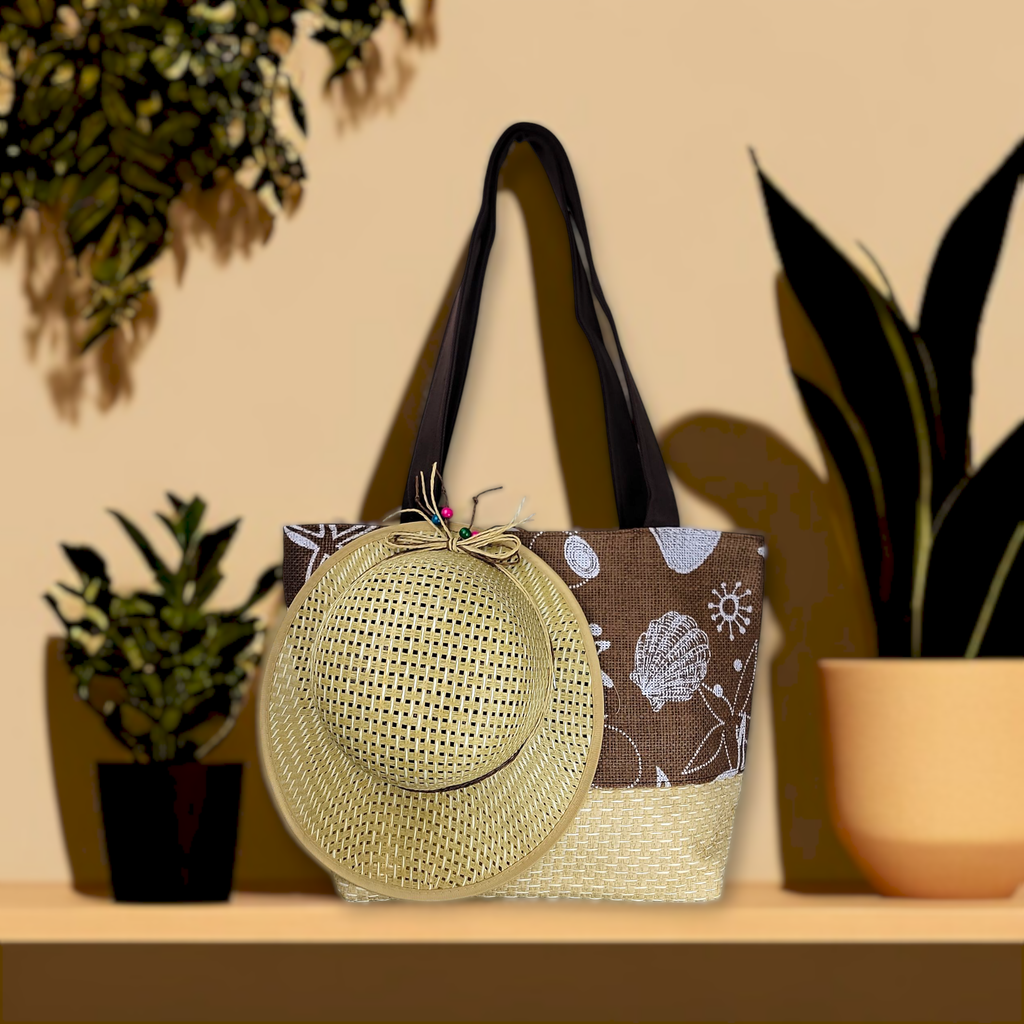Brown Large Picnic Hand Bag with Matching Hat Oceana 