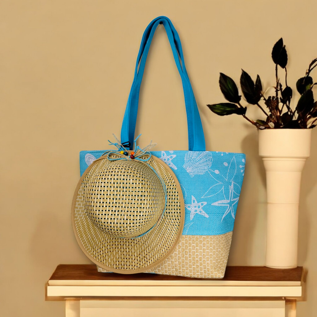 Blue Large Picnic Hand Bag with Matching Hat Oceana 