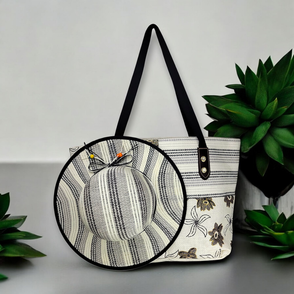 Cream Grey Large Everyday Fashion Bag with Matching Hat