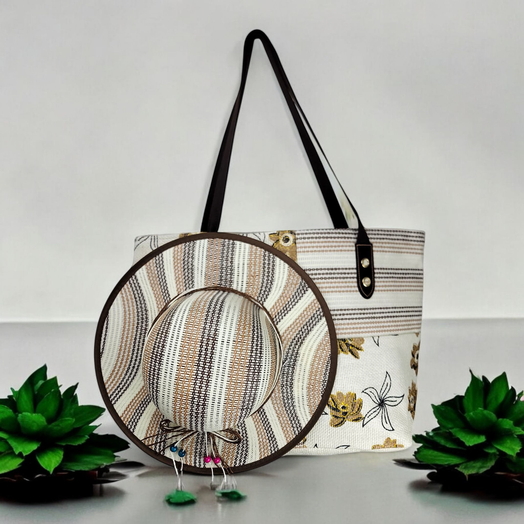 Cream brown Large Everyday Fashion Bag with Matching Hat