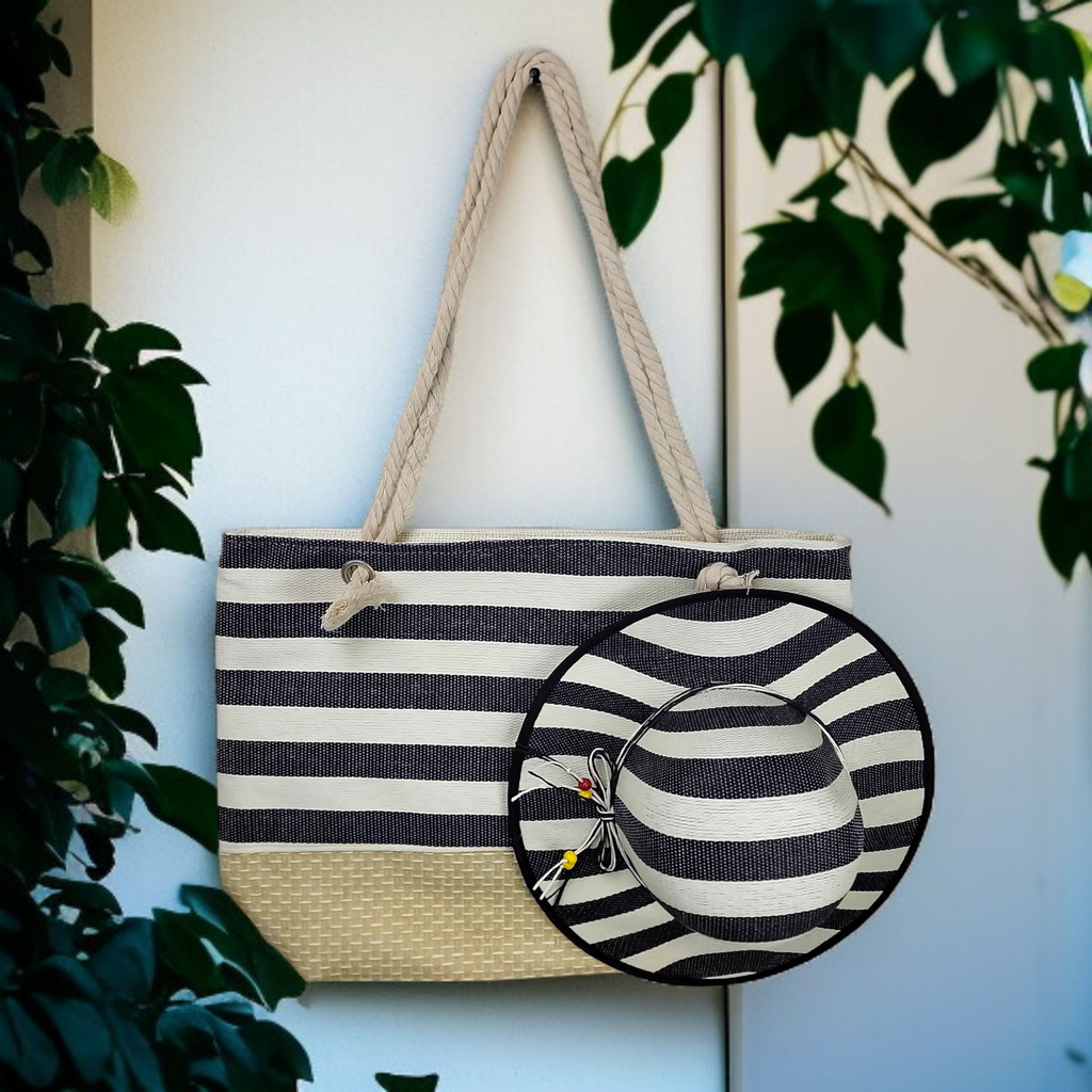 Dark Brown Large Striped Summer Bag with Matching Hat