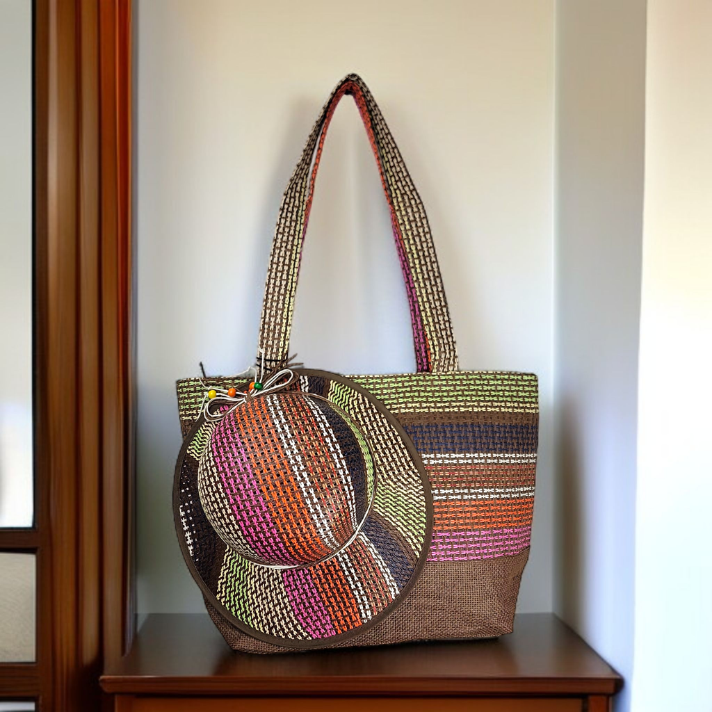 Brown Red Summer Lively Large Bag with Matching Hat