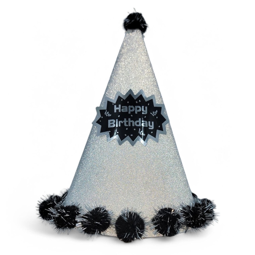 Pompom Glitter 3D Large HBD Hat Silver