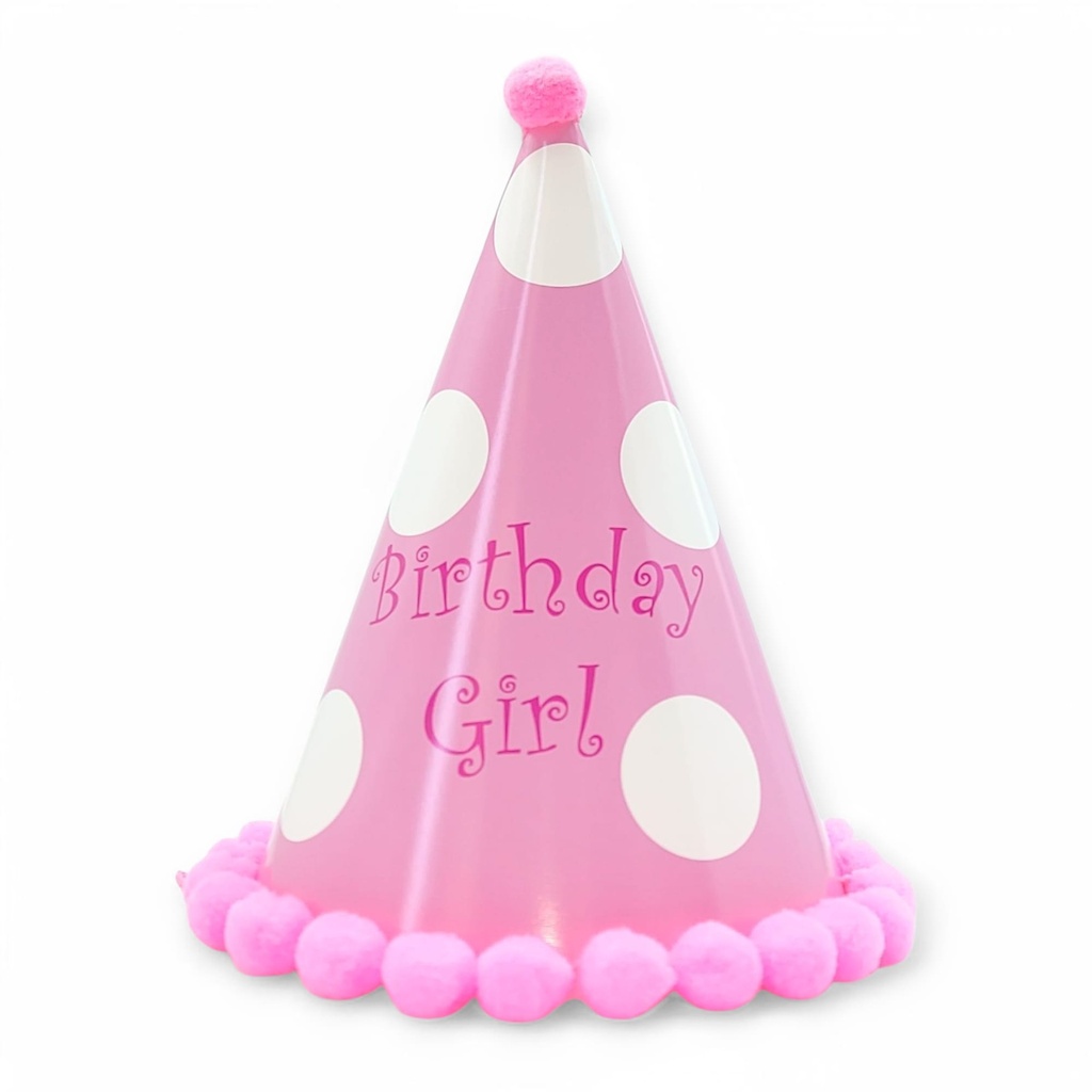 Large Pompom HBD Hat Princess Polka Dot Pink