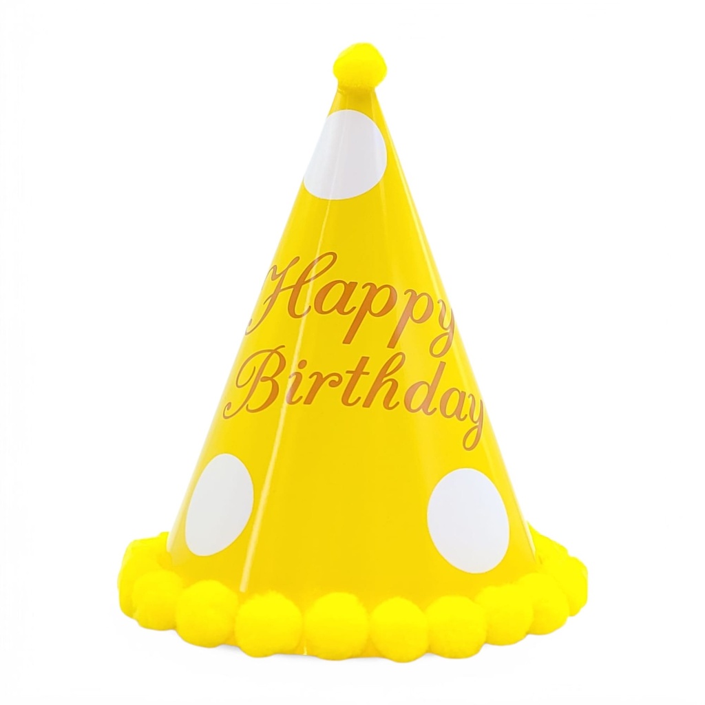 Large Pompom HBD Hat Princess Polka Dot Yellow