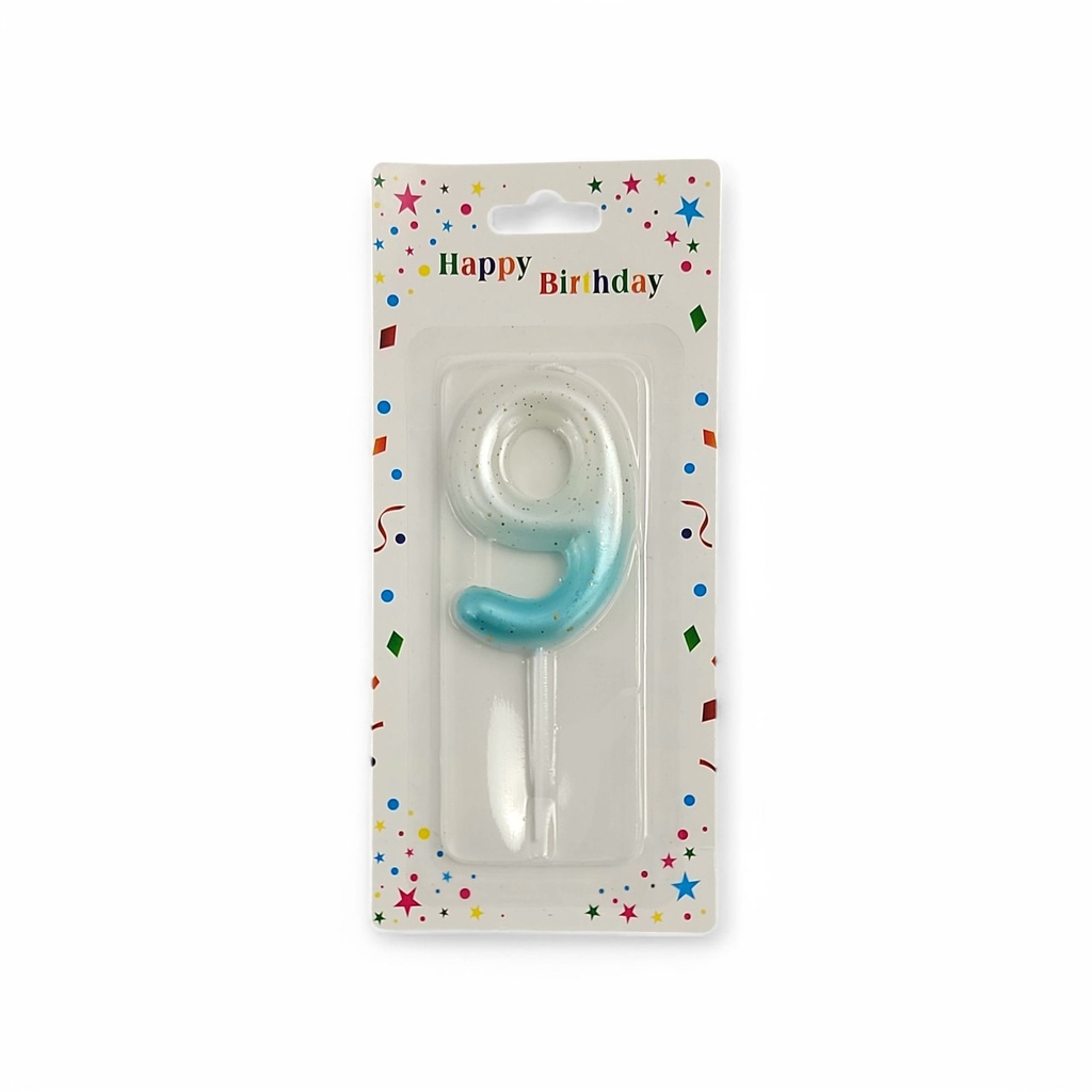 Wite & Blue Number Candle 9