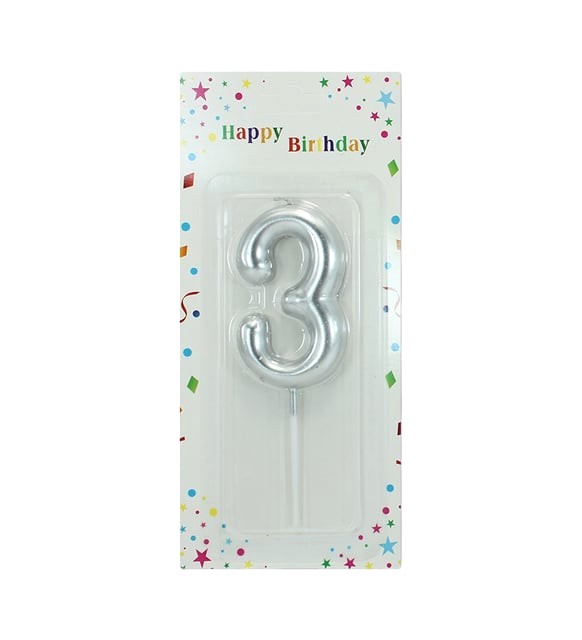 Large Silver Number Candle 3