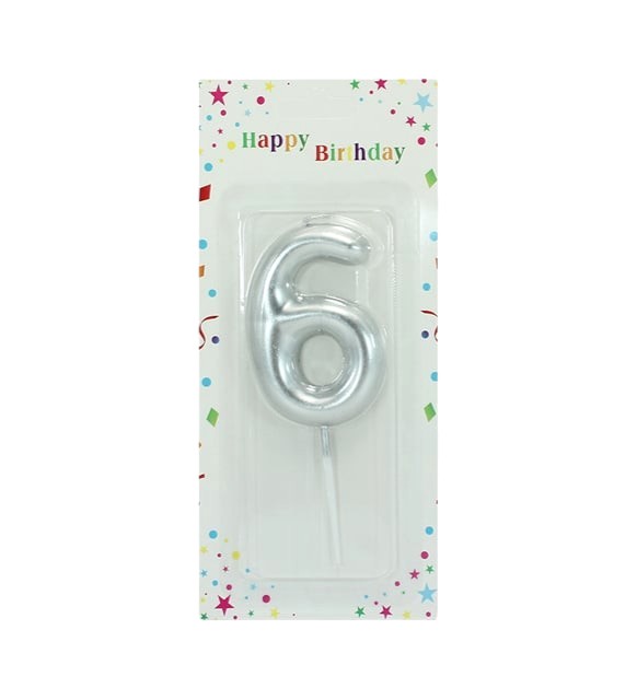 Large Silver Number Candle 6