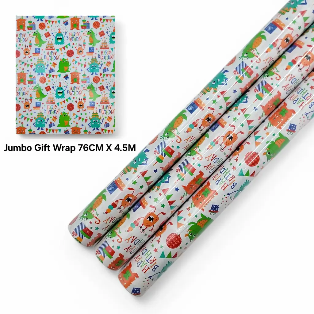Jumbo Gift Wrapping Paper HBD Monster 76CM*4.5M (2.49 ft × 14.76 ft)