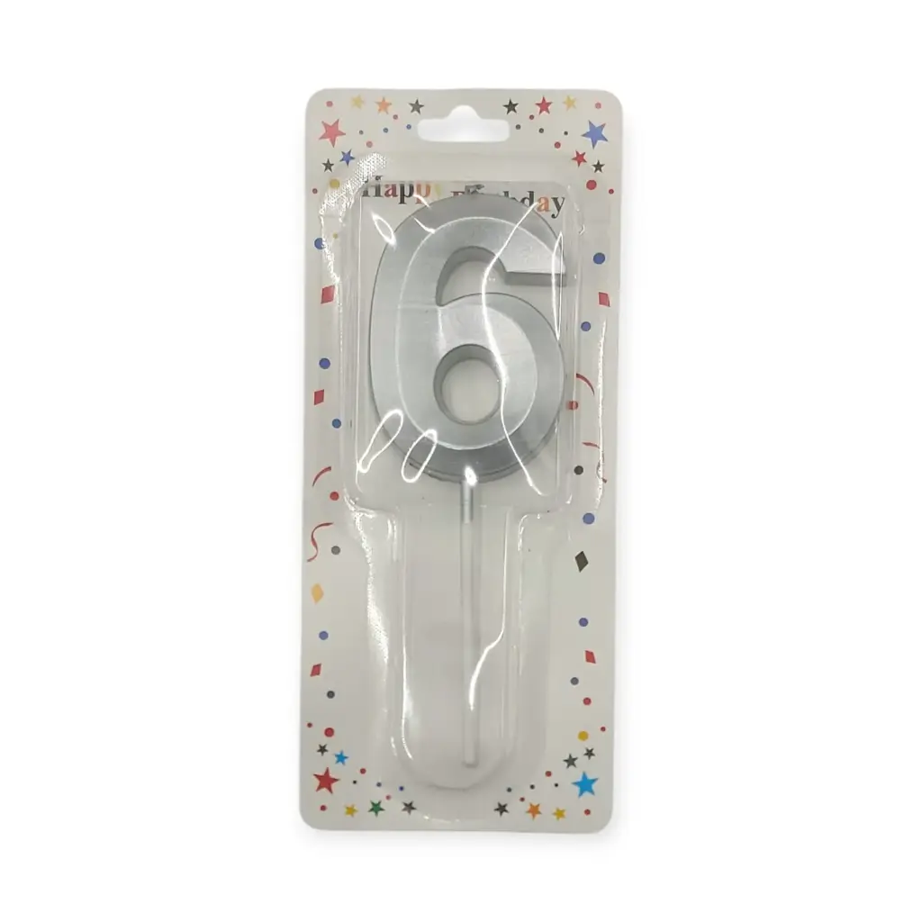 Large Auraglow Birthday Number Silver Candle 6