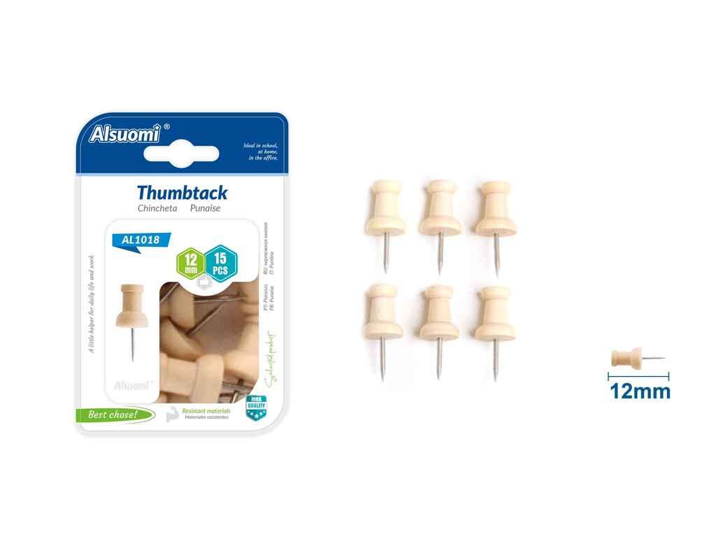 push pins 12mm/ 0.47" 15pcs (wood handle) (Alsuomi)
