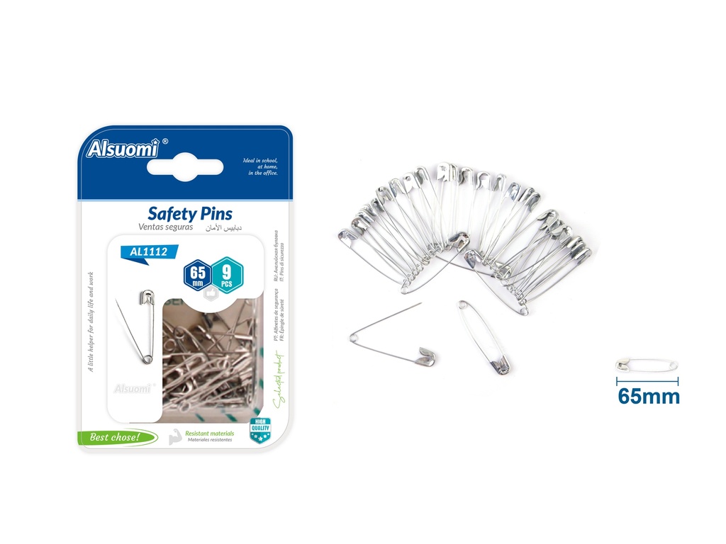 Safety pins 65mm/2.55" 9pcs (Alsuomi)