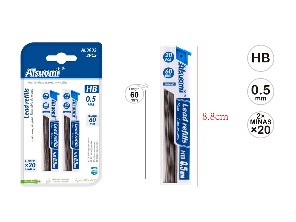 lead refills for mechanical pencils 0.5mm*60mm/2.3" 2pcs (20pcs in each) (Alsuomi)
