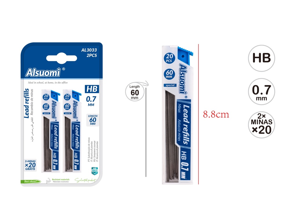 lead refills for mechanical pencils 0.7mm*60mm/2.3" 2pcs (20pcs in each) (Alsuomi)