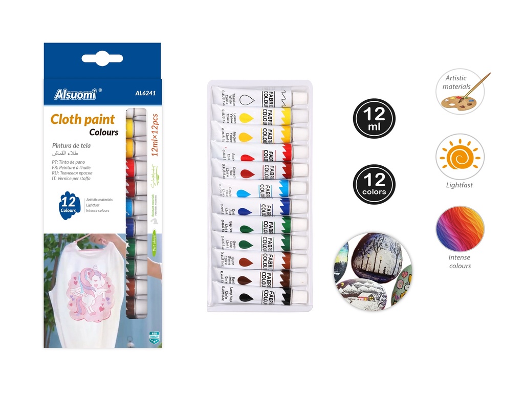 Cloth paint colours 12ml*12colours (Alsuomi)
