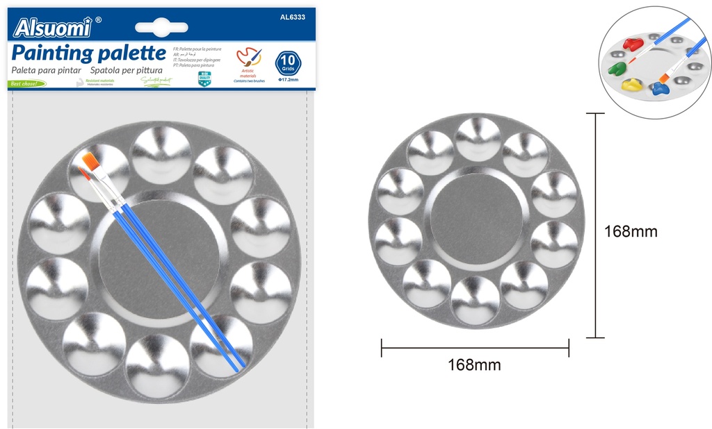 Painting palette with 2 paint brushes 168mm/6.6"" (10 grids)  (Alsuomi)
