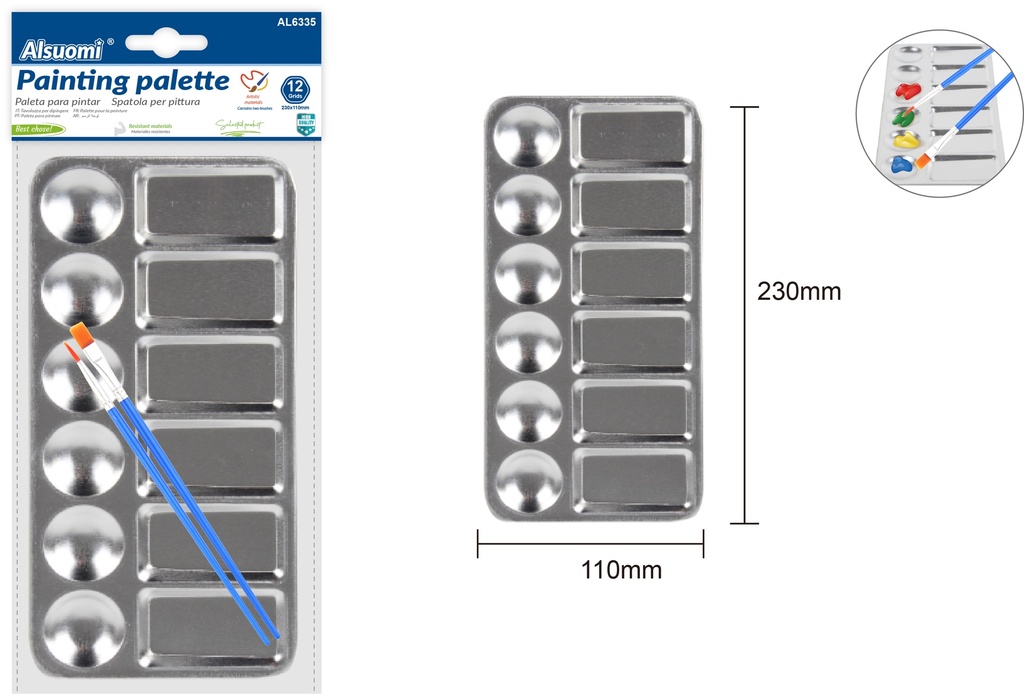 Painting palette with 2 paint brushes 230*110mm/ 9*4.5" (12 grids) (Alsuomi) 