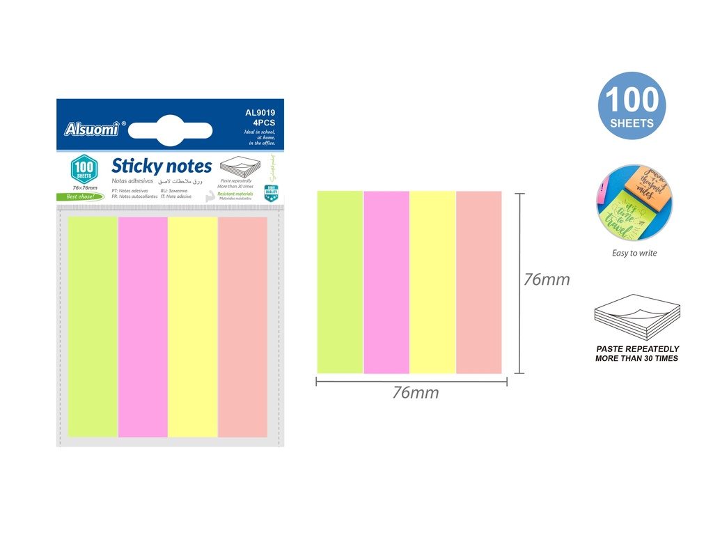 Sticky notes 100sheets (76mm*76mm/3*3") 4 grid colors (Alsuomi)