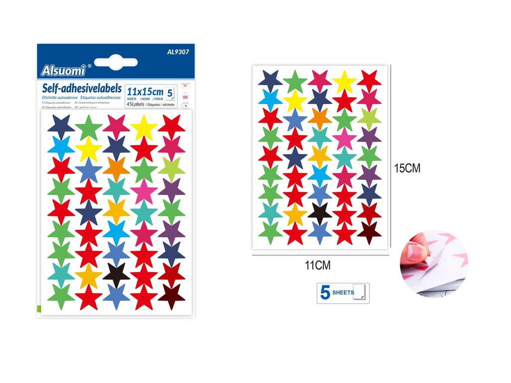 Self-adhesive colorful star sticker labels 15cm*11cm/ 6*4.3" 45 labels 5 sheets (Alsuomi)