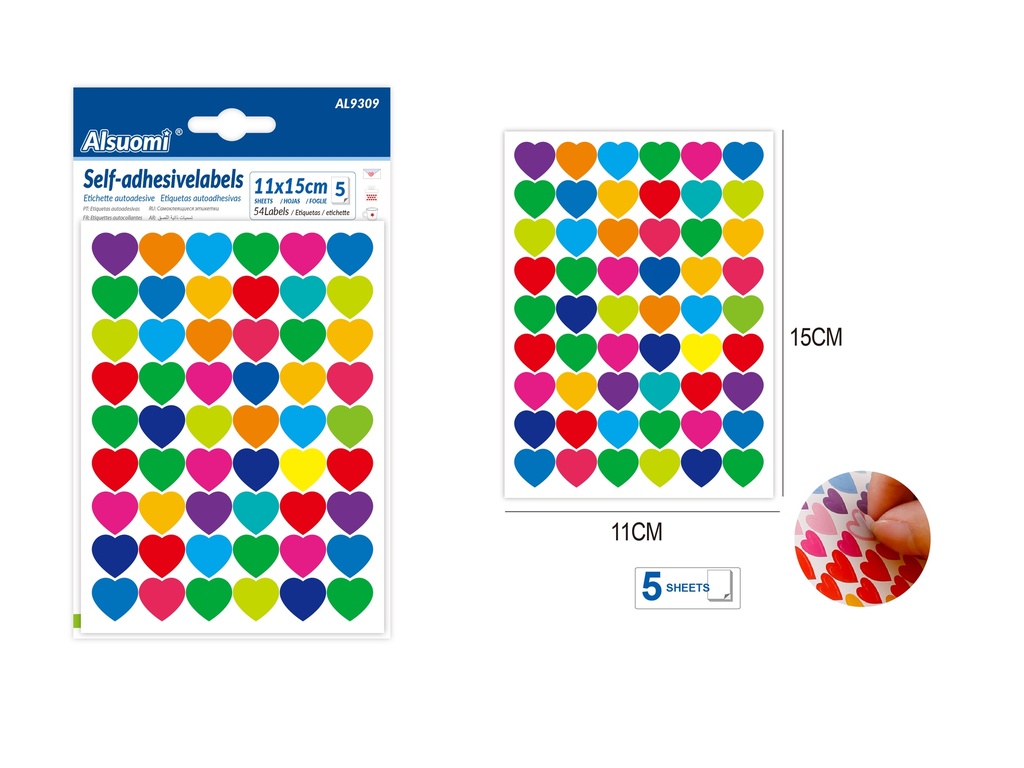 Self-adhesive colorful heart sticker labels 15cm*11cm/ 6*4.3" 54 labels 5 sheets (Alsuomi)