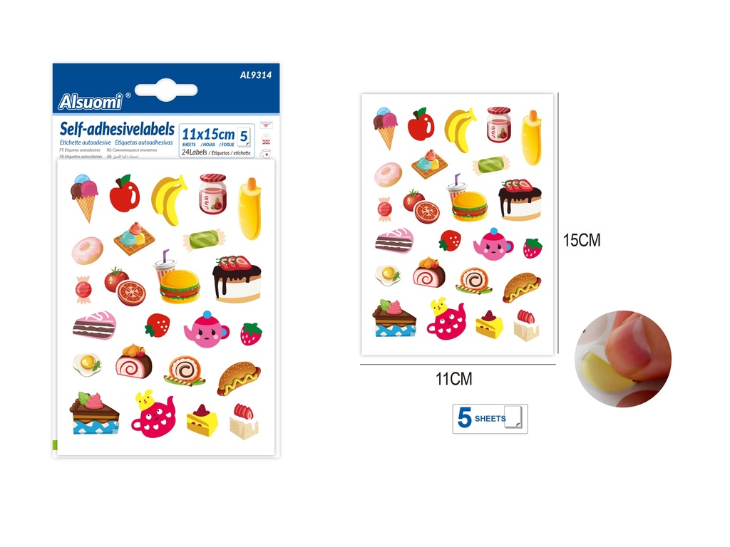 Self-adhesive colorful heart sticker labels 15cm*11cm/ 6*4.3" 24 labels 5 sheets (dessert and fruits) (Alsuomi)