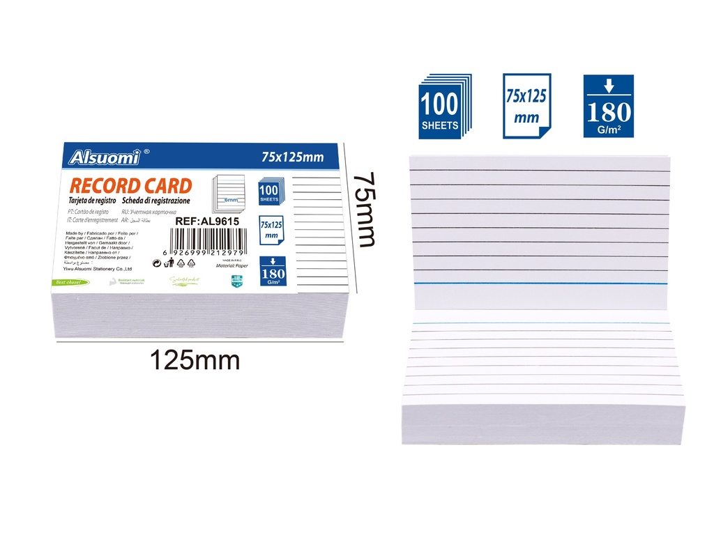 Lined Record card/ index card 75*125mm/ 3"*5" (100 sheets) (Alsuomi)