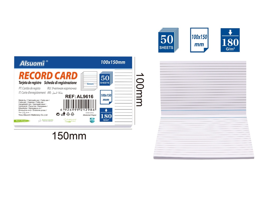 Lined Record card/ index card 100*150mm/ 4"*6" (50 sheets) (Alsuomi)
