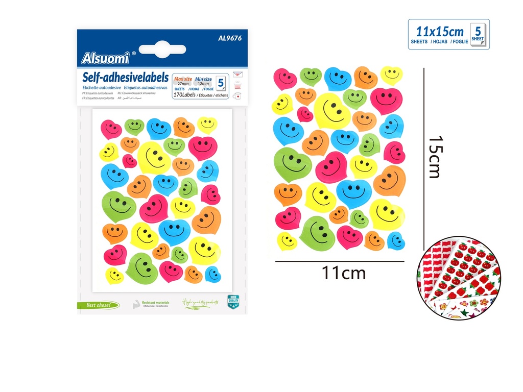 Self-adhesive heart with smily faces  sticker labels 15cm*11cm/ 6*4.3" 24 labels 5 sheets 170Labels (Alsuomi)