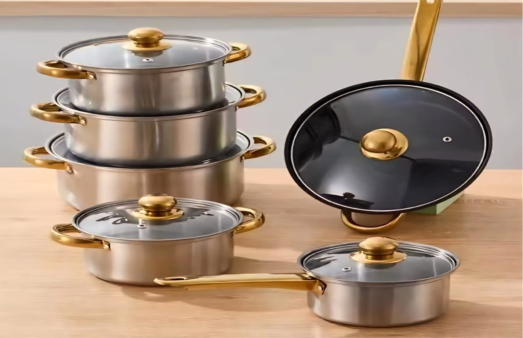 6 Set Casserole with Glass lid golden color handles.
