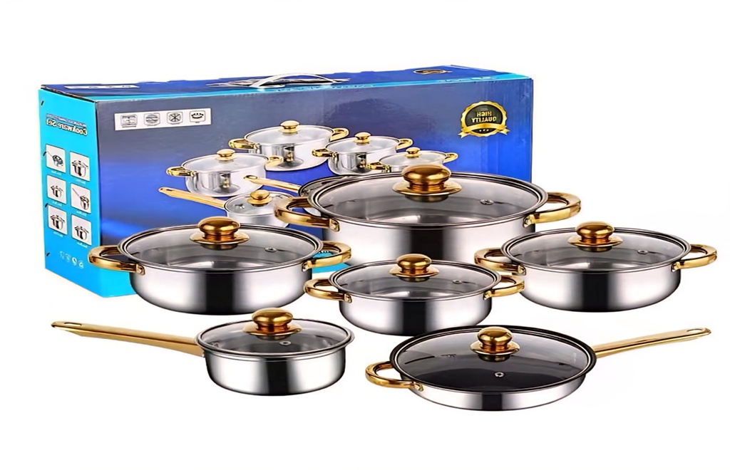 6 Set Casserole with Glass lid golden color handles