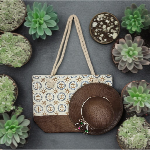 Brown Summer Large Picnic Hand Bag With Matching Hat