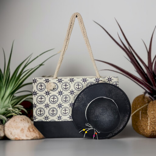 Black Summer Large Picnic Hand Bag With Matching Hat