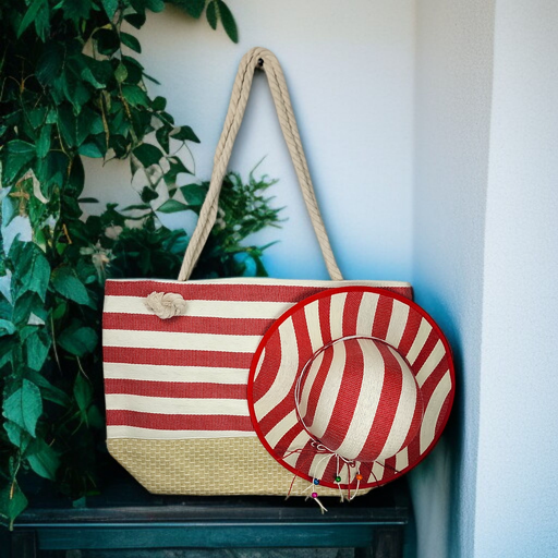 Red Large Striped Summer Bag with Matching Hat