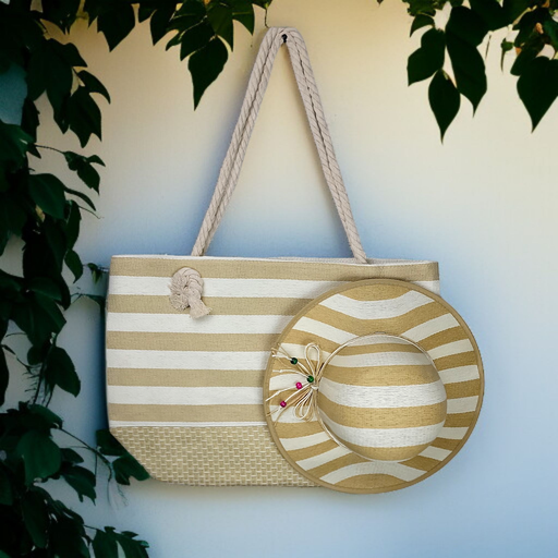 Light Brown Large Striped Summer Bag with Matching Hat