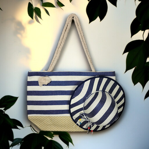 Black Large Striped Summer Bag with Matching Hat