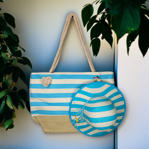 Blue Large Striped Summer Bag with Matching Hat