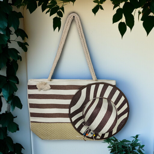 Brown Large Striped Summer Bag with Matching Hat