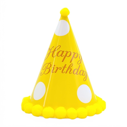 Large Pompom HBD Hat Princess Polka Dot Yellow