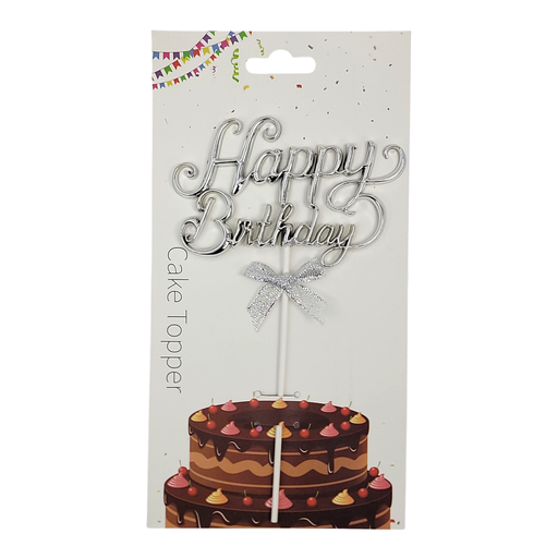 Plastic Happy Birthday Cake Topper Silver