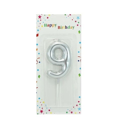 Large Silver Number Candle 9