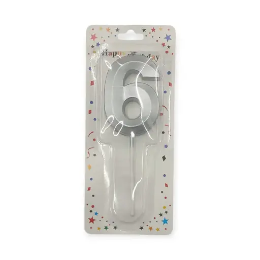 Large Auraglow Birthday Number Silver Candle 6